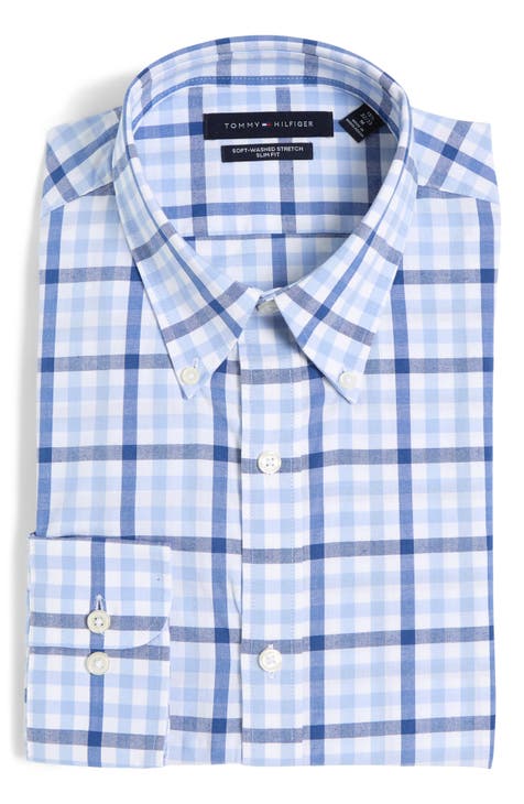 TOMMY HILFIGER Mens Red Check Collared Slim Fit Dress Shirt M 15- 34/35 