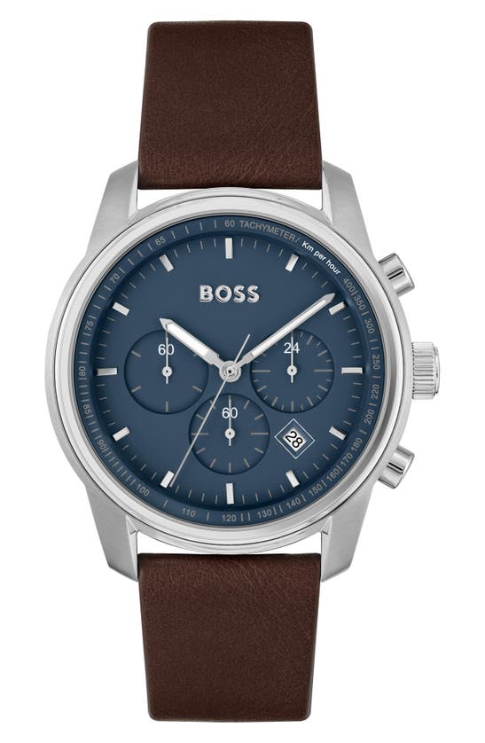 Hugo Boss Trace Chronograph Leather Strap Watch, 44mm In Black Blue