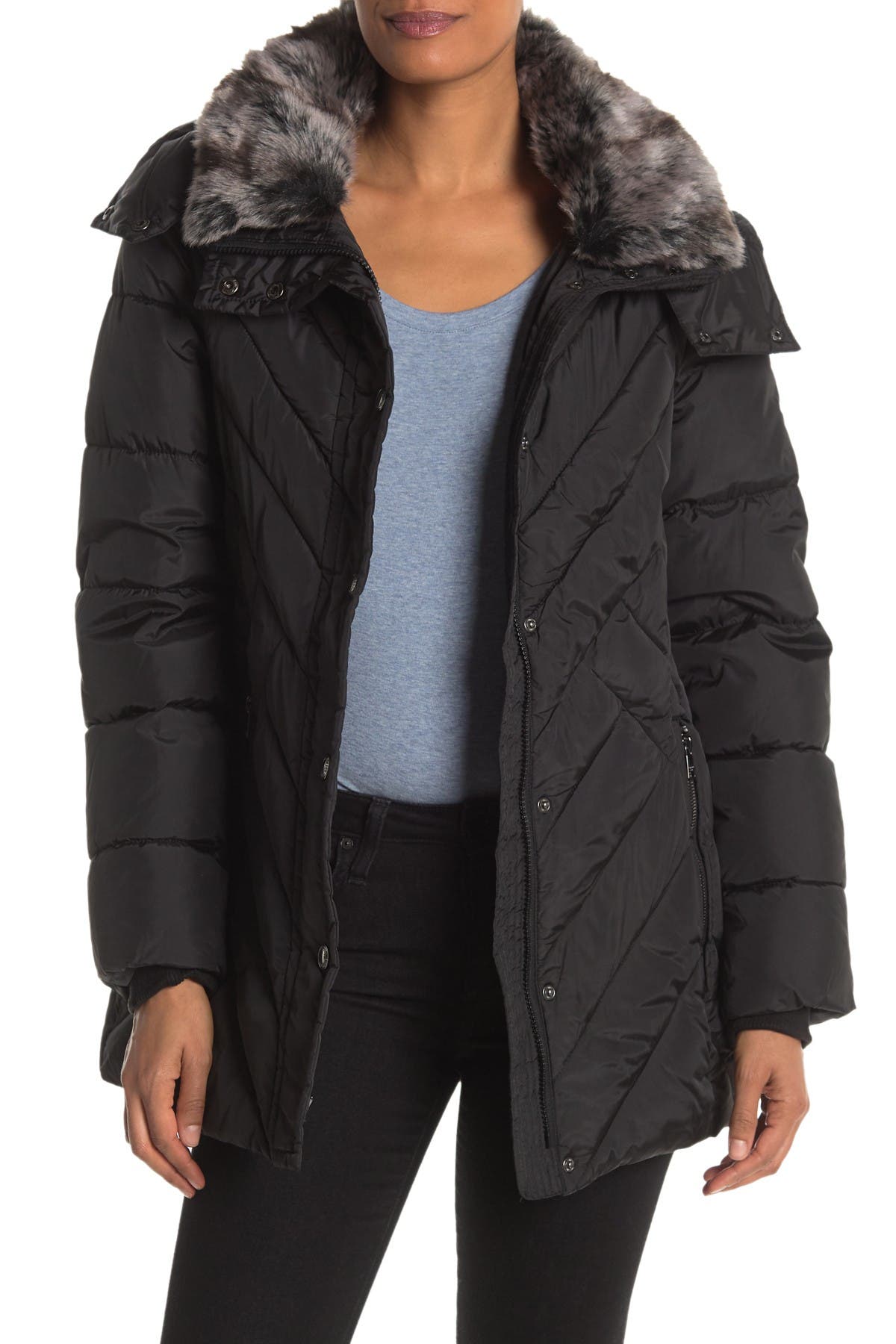 london fog faux fur trim hooded zip puffer down jacket