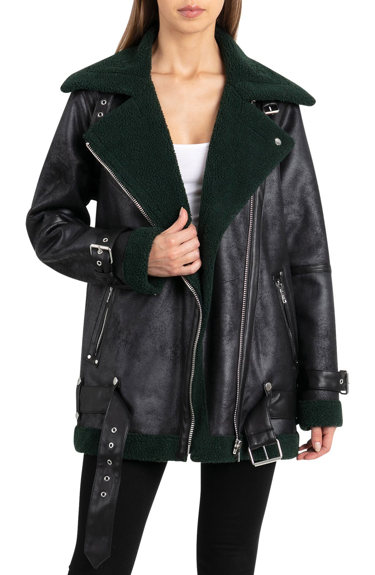 AVEC LES FILLES Faux Shearling Lined Faux Leather Biker Jacket