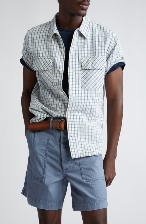 Check Short Sleeve Cotton & Linen Button-Up Shirt in Indigo/Creme