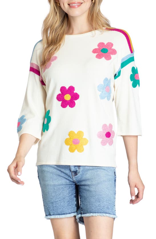Apny Gerber Daisy Embroidered Three-quarter Sleeve Sweater In Beige Multi