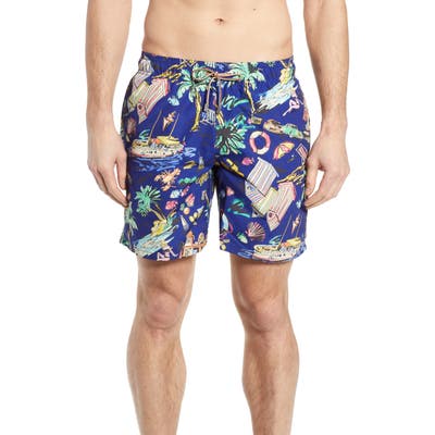 Bugatchi Print Swim Trunks, Blue