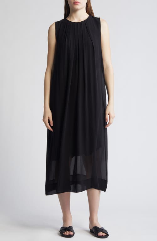 Pleated Jewel Neck Silk Midi Shift Dress in Black