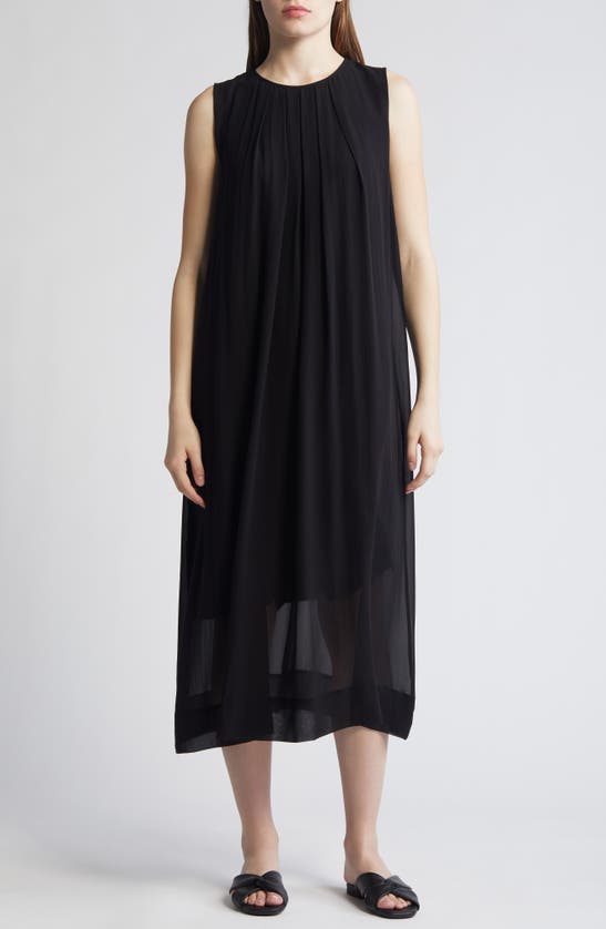 Shop Eileen Fisher Pleated Jewel Neck Silk Midi Shift Dress In Black