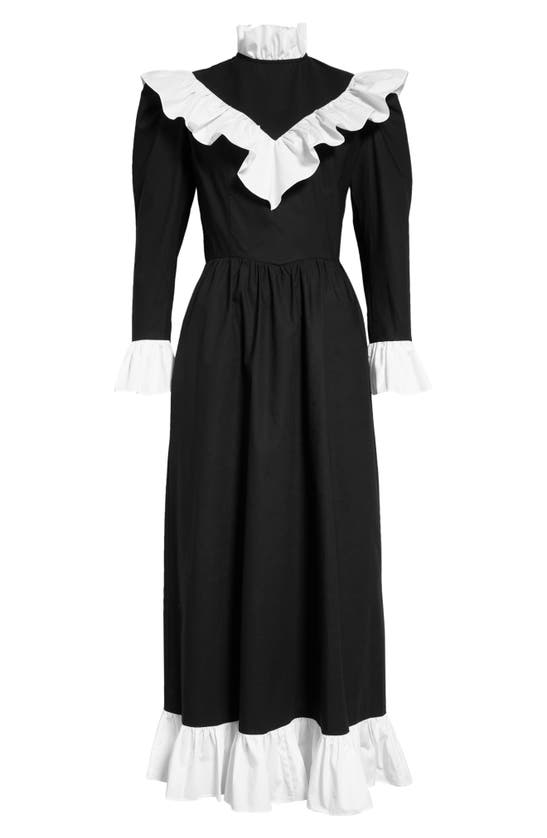 Batsheva Carol Ruffled Two-tone Cotton-poplin Midi Dress In Black And White Cotton
