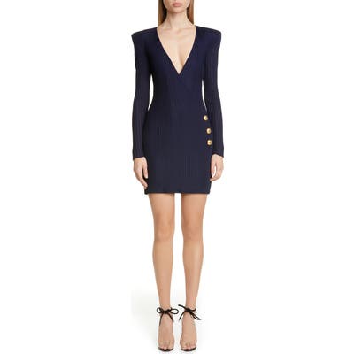 Balmain Long Sleeve Ribbed Faux Wrap Dress, US / 40 FR - Blue