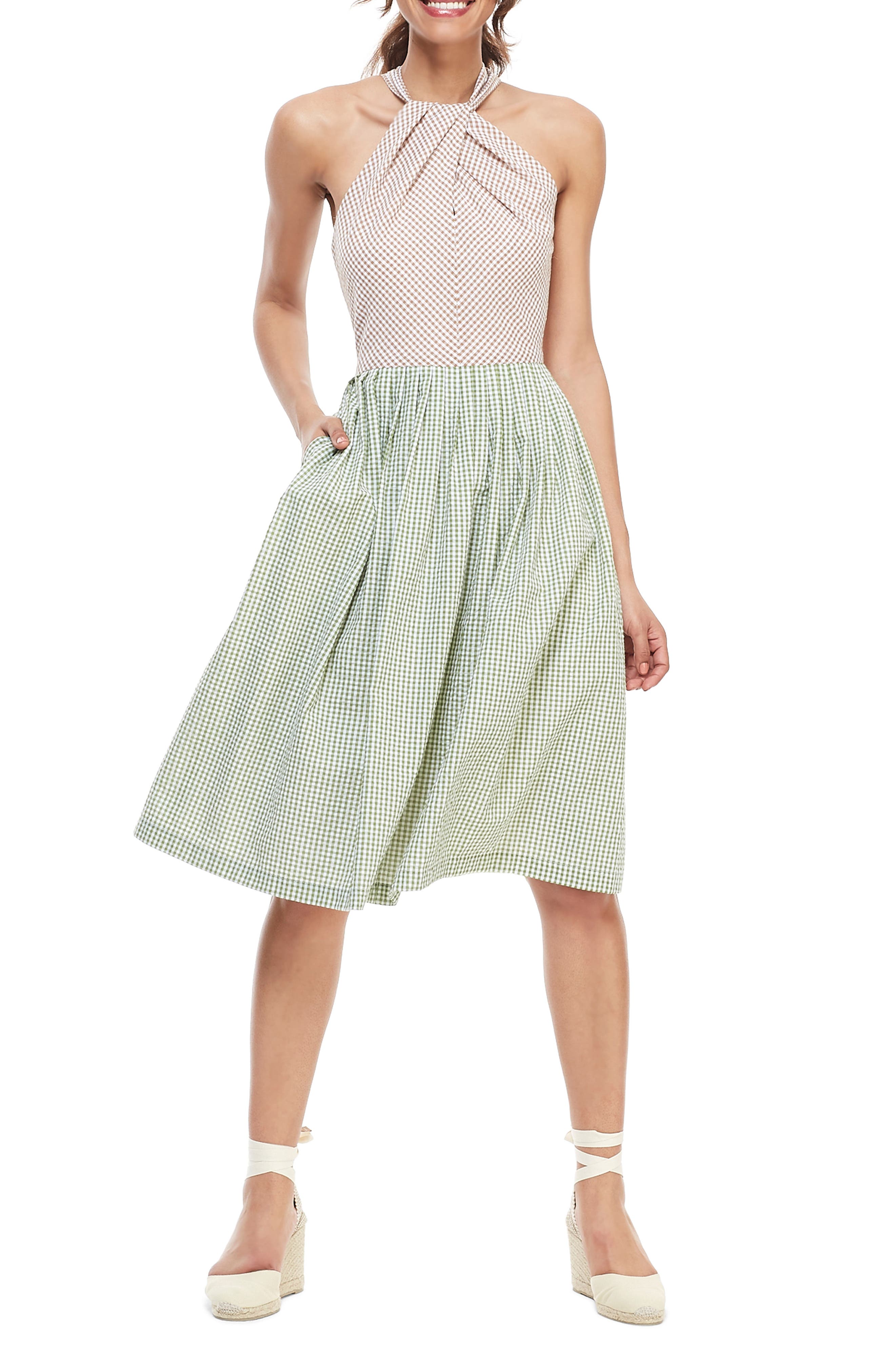 Gal Meets Glam Collection Alma Two-Color Gingham Halter Neck Dress, Green