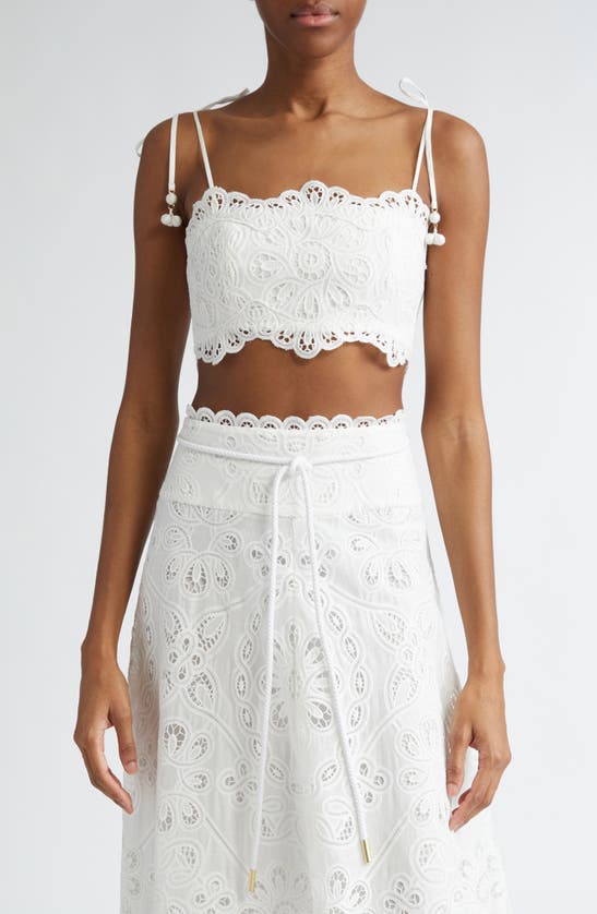 Shop Zimmermann Ottie Embroidered Guipure Lace Crop Top In Ivory