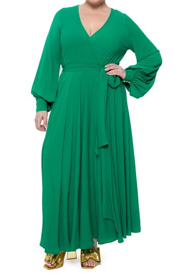 Meghan La Long Sleeve Solid Wrap Maxi Dress In Emerald