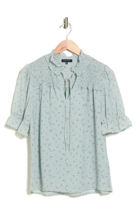 Pleione Floral Tie Neck Blouse In Mint Tan Mini Floral