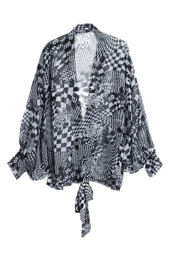 Saachi Geometric Floral Sheer Tie Front Short Duster In Black