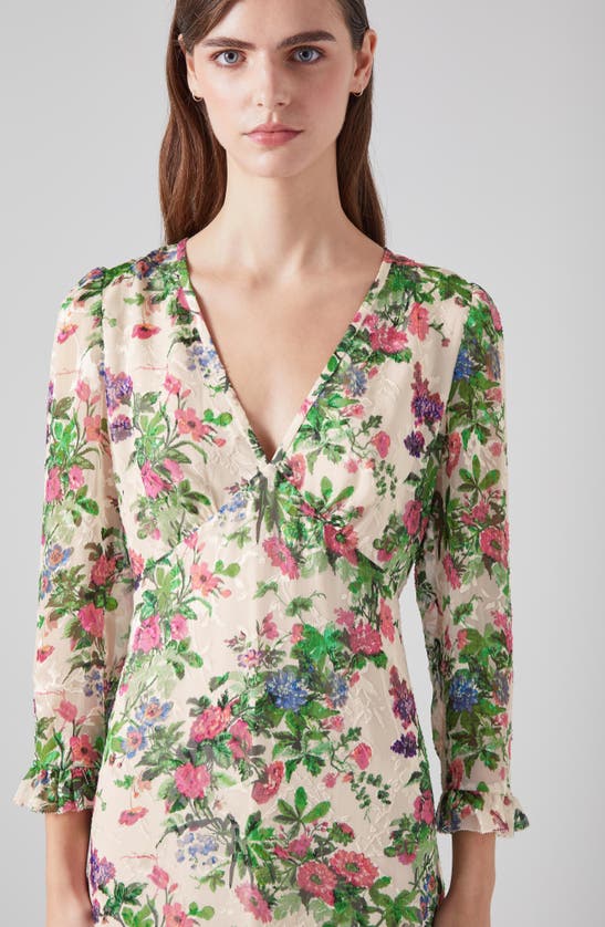 Shop Lk Bennett Deborah Devore Long Sleeve Silk Blend Dress In Cream