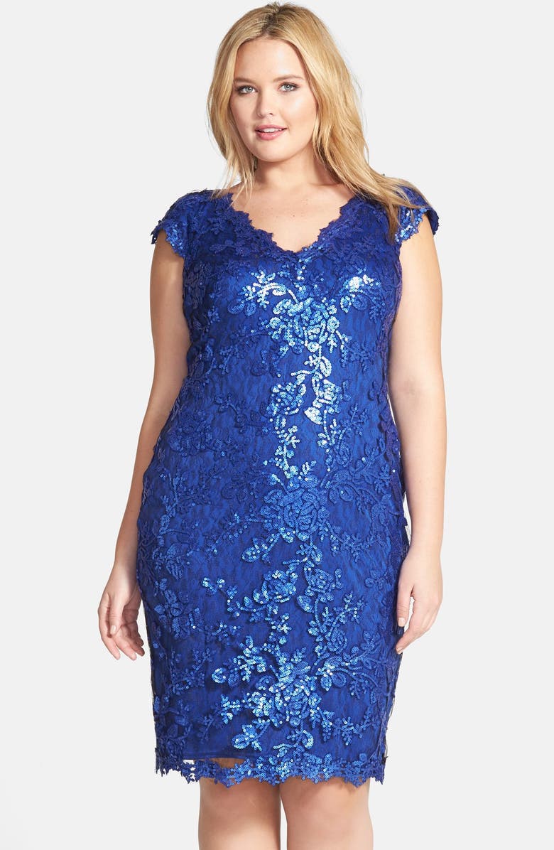 Tadashi Shoji V-Neck Sequin Lace Dress (Plus Size) | Nordstrom