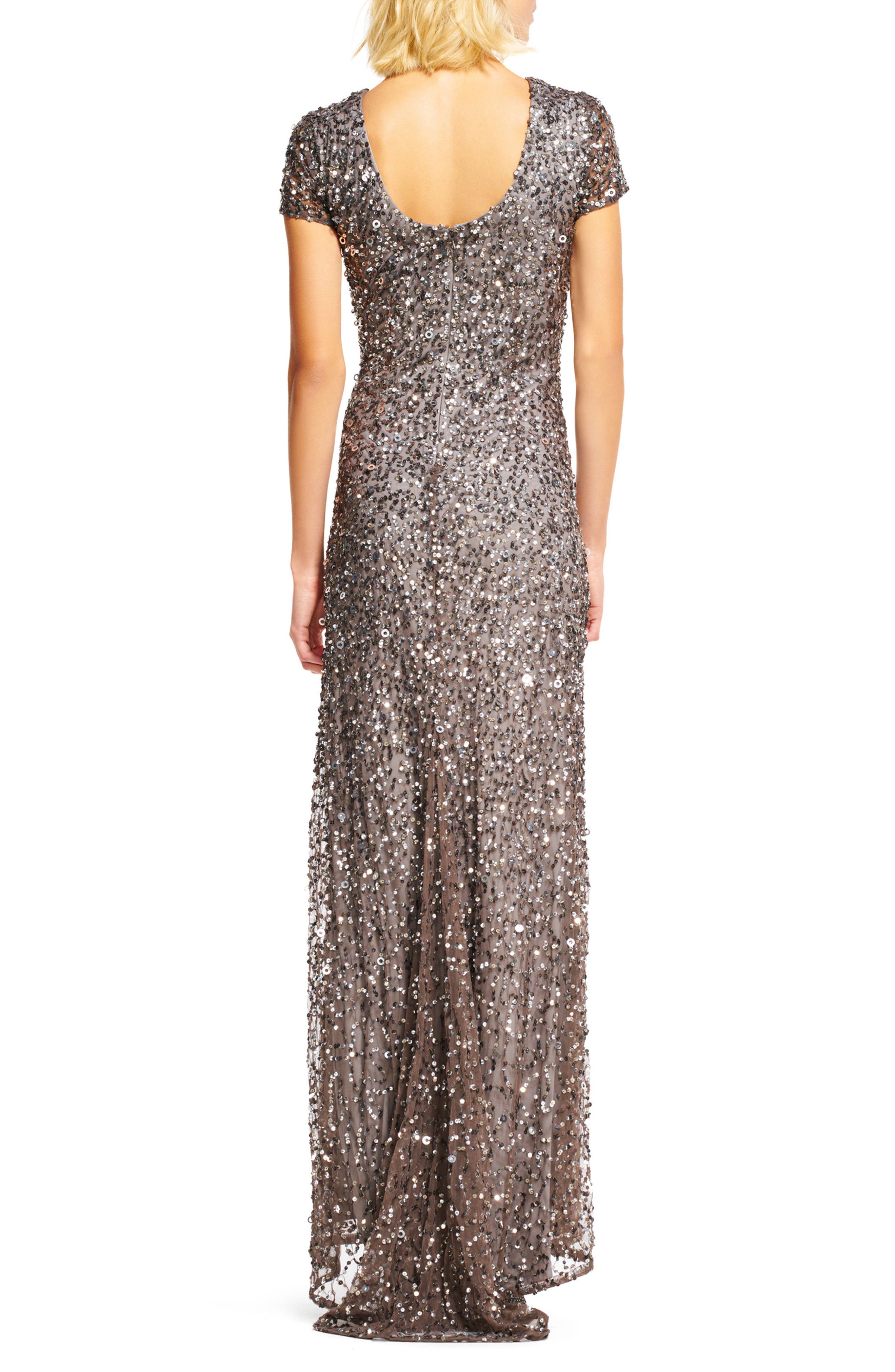 adrianna papell short sleeve sequin mesh gown