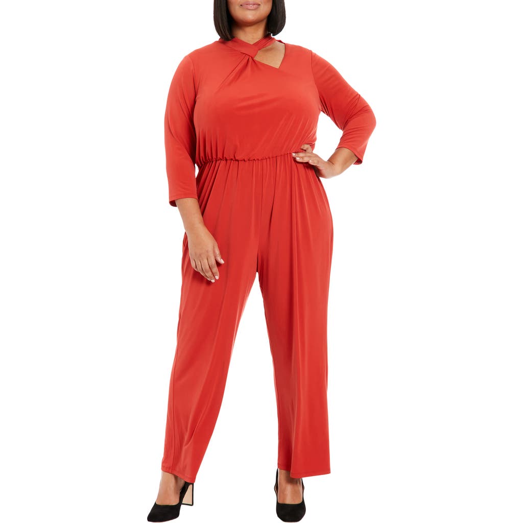 London Times Asymmetric Neck Stretch Jersey Jumpsuit In Red