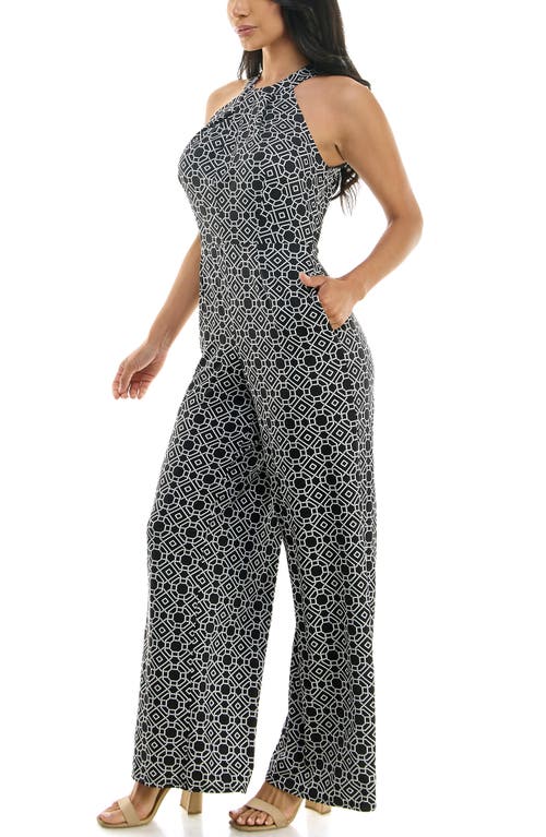 Shop Nina Leonard Twisted Halter Neck Jumpsuit In Black/white