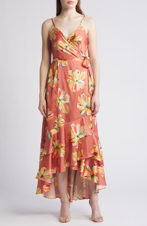 Floral Satin Wrap Dress in Clay Painted Flowers