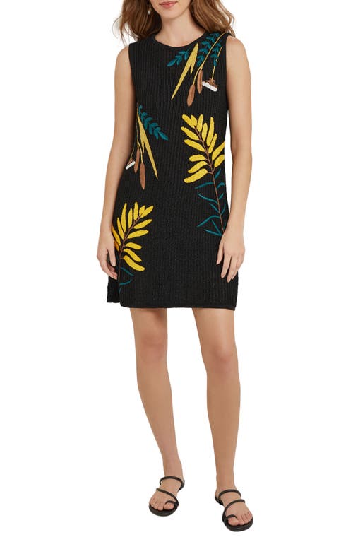 Misook Sleeveless Embroidered Knit Mini Dress In Black/ochre/multi
