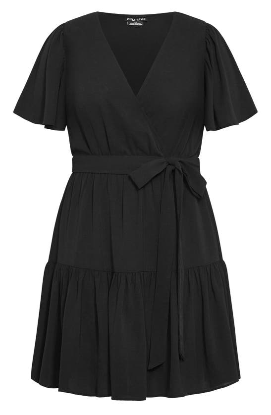 City Chic Catherine Tiered Flutter Sleeve Faux Wrap Dress In Black