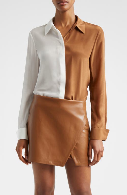 Shop Alice And Olivia Alice + Olivia Willa Colorblock Silk Button-up Shirt In Off White/camel