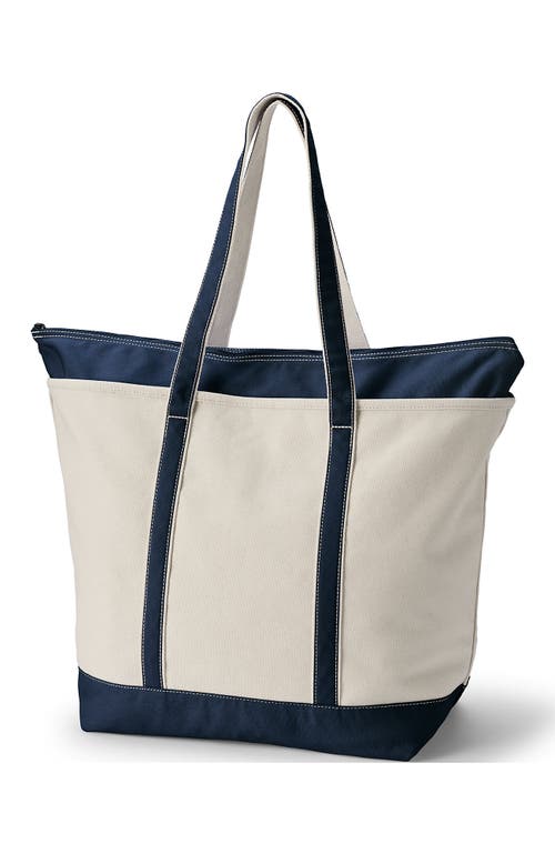Lands' End Zip Top Long Handle Canvas Tote Bag In Natural/radiant Navy