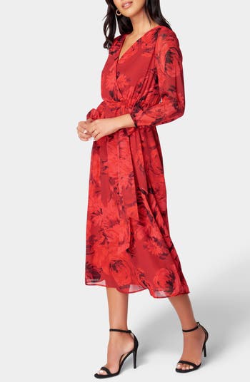 Winter Floral Long Sleeve Chiffon Dress