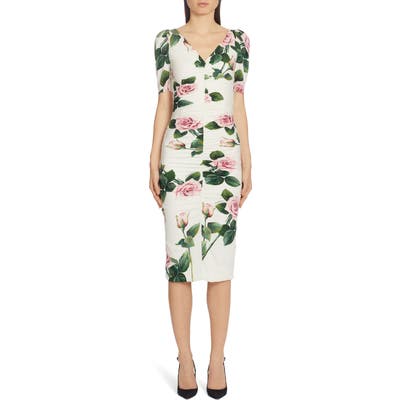 Dolce & gabbana Rose Print Ruched Sheath Dress, US / 48 IT - White
