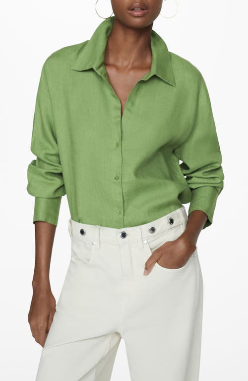 MANGO Button-Up Linen Shirt Green at Nordstrom,