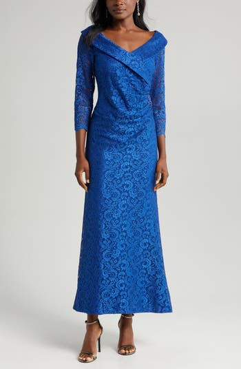 Embellished Ruched Lace Column Gown