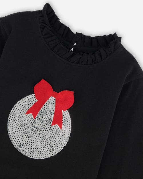 Deux Par Deux Little Girl's T-shirt With Frill And Print Black In Anthracite