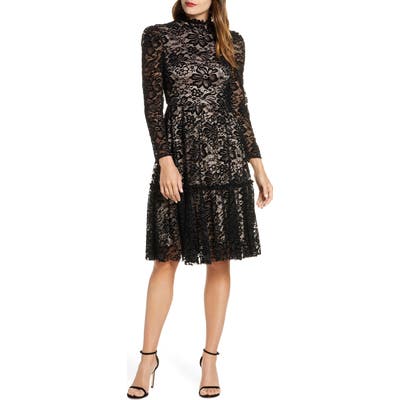 Eliza J Long Sleeve Mock Neck Fit & Flare Lace Dress, Black