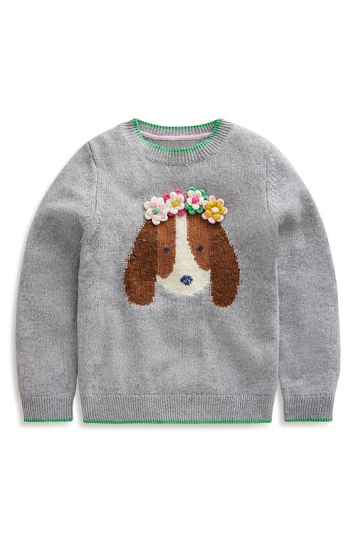 Shop Mini Boden Kids' Puppy 3d Floral Crewneck Sweater In Soft Grey Dog