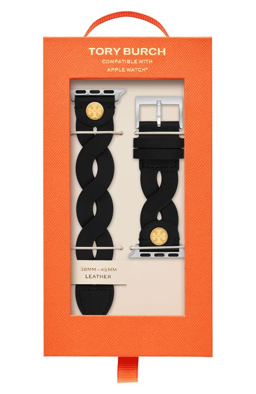 Shop Tory Burch Braided Leather 20mm Apple Watch® Watchband In Black