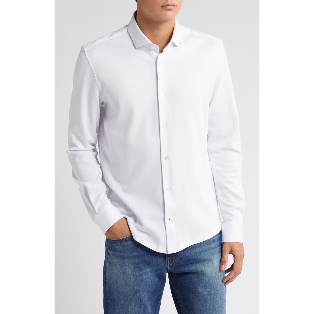 Stone Rose Solid Performance Piqué Button-up Shirt In White