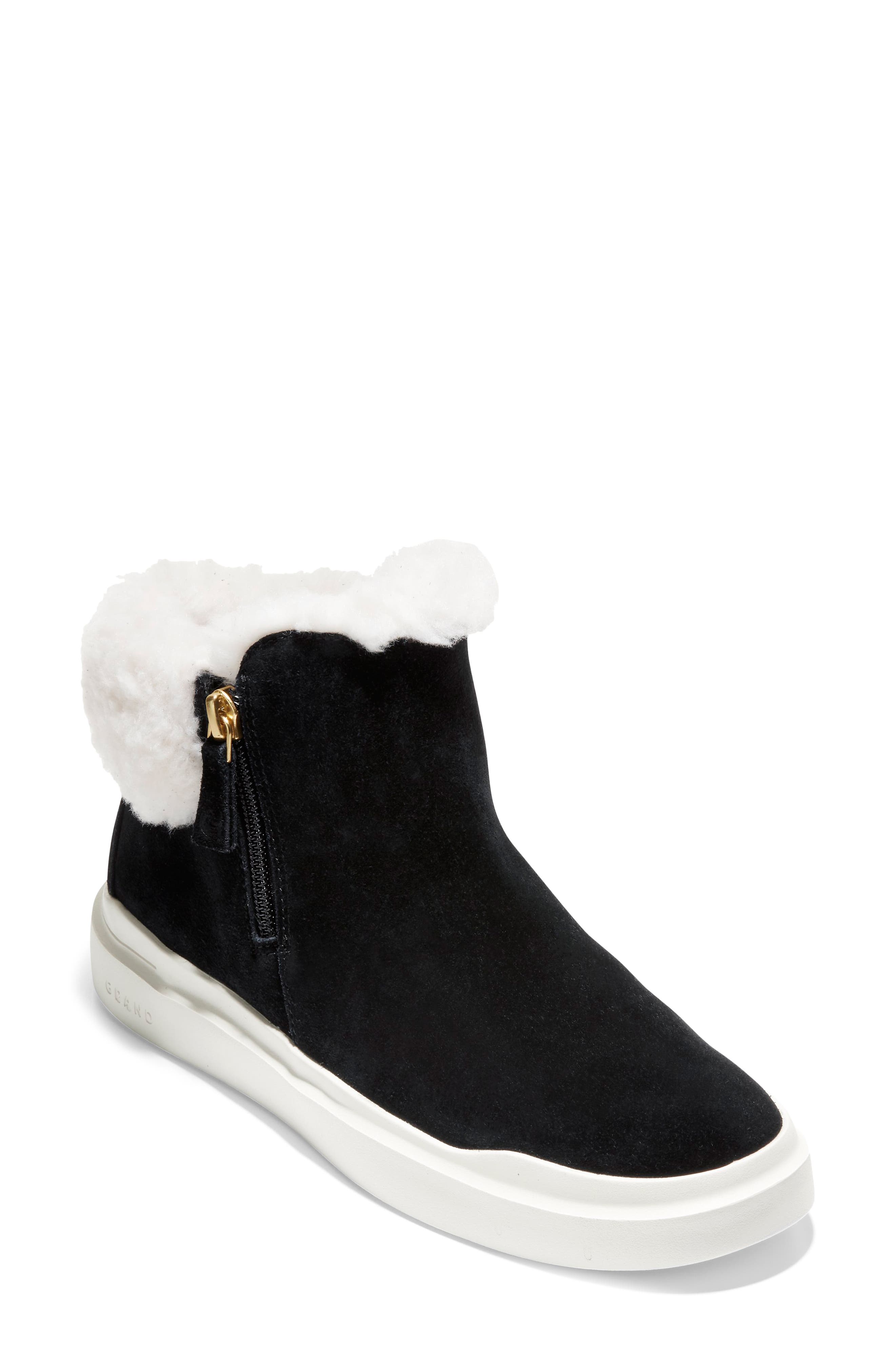 Cole Haan Grandpro Rally Faux Fur Trim Bootie In Black Suede/ Faux Shearling Wp