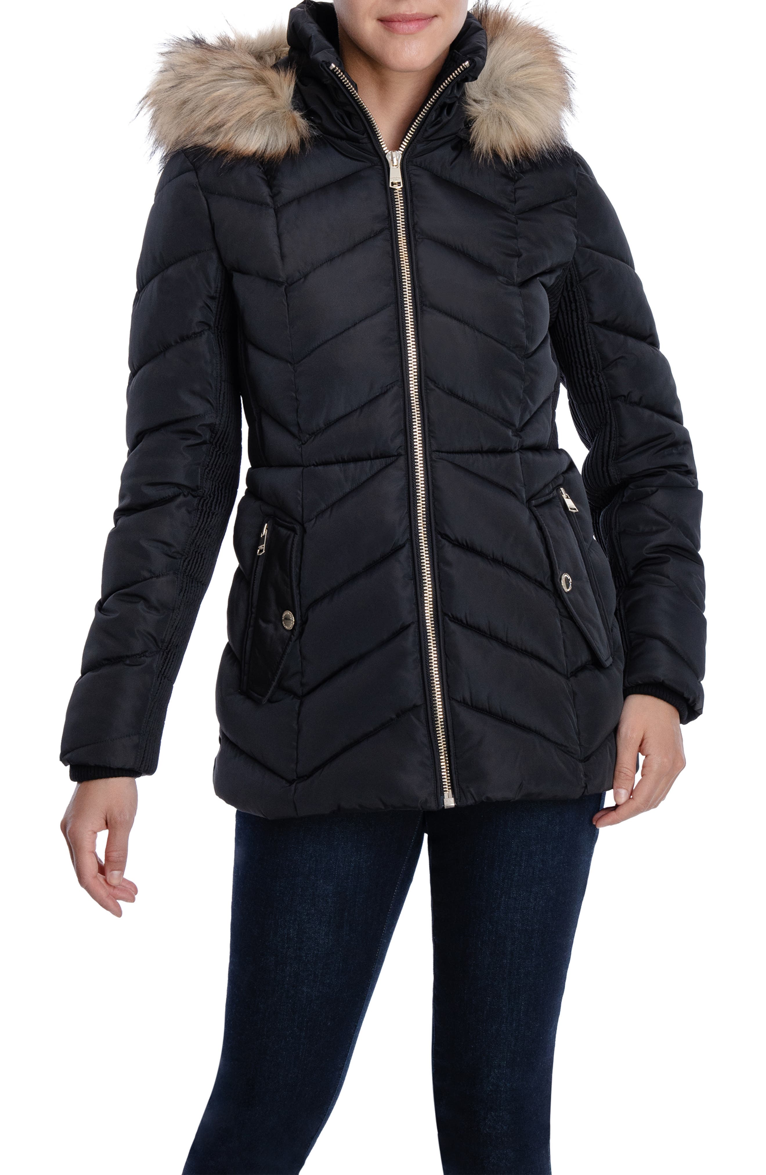 London Fog Faux Fur Trim Hooded Water-Resistant Puffer Jacket in Black at Nordstrom Rack, Size Large