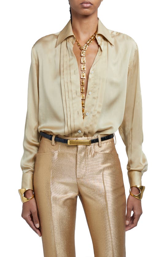 Shop Tom Ford Pleated Plastron Silk Charmeuse Button-up Shirt In Soft Beige