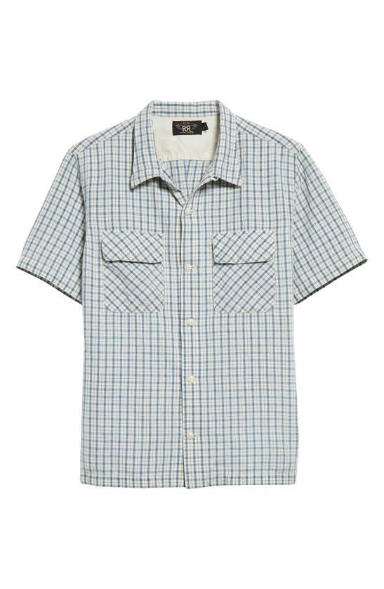 Shop Double Rl Check Short Sleeve Cotton & Linen Button-up Shirt In Indigo/ Creme