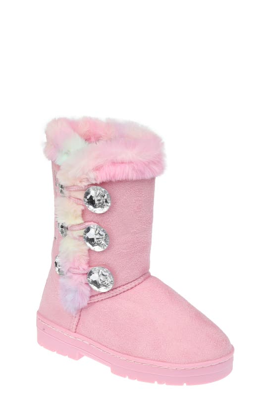 Bebe Kids' Rhinestone Button Faux Fur Lined Boot In Pink Multi