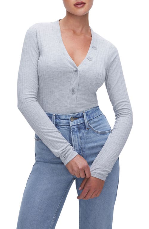 Good American Ribbed Long Sleeve Henley Bodysuit Heather Grey001 at Nordstrom,