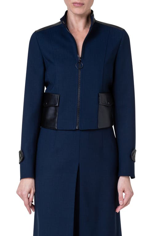 Akris punto Faux Leather & Stretch Wool Jacket in 097 Navy at Nordstrom, Size 2