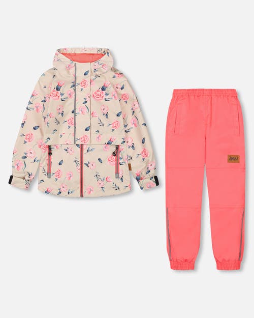 Deux Par Deux Baby Girl's Two Piece Hooded Coat And Pant Mid-Season Set Ivory Printed Flowers Coral at Nordstrom