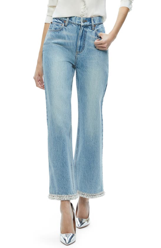 Shop Alice And Olivia Ora Imitation Pearl & Crystal Detail Wide Leg Ankle Jeans In Rockstar Blue