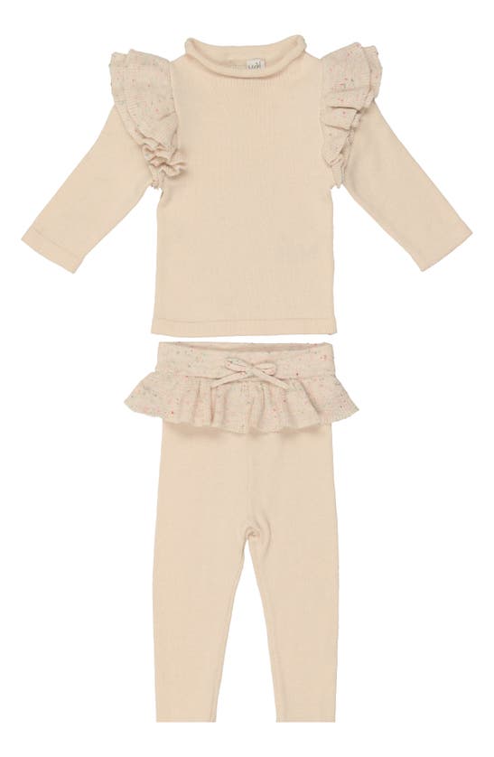 Maniere Manière Flecked Ruffle Long Sleeve Cotton Blend Top & Leggings Set In Cream