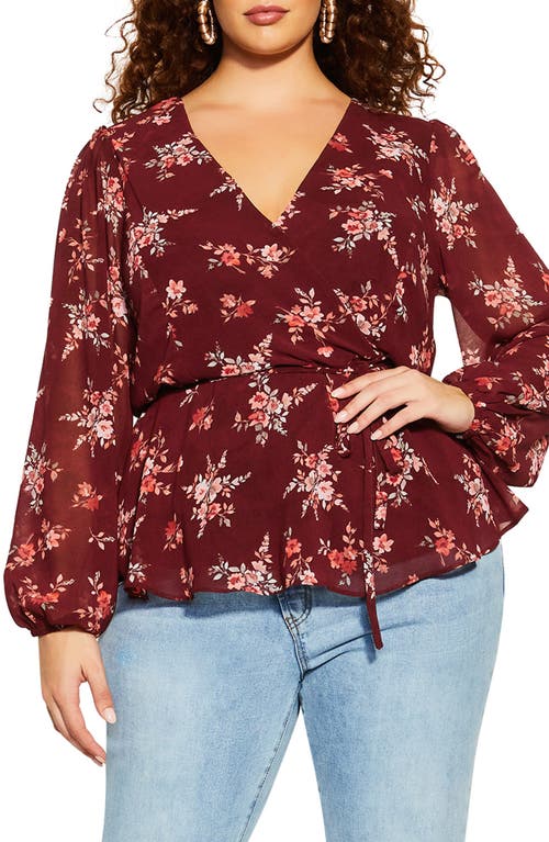 City Chic Arianna Floral Long Sleeve Tie Front Blouse in Port Ditsy Bloom