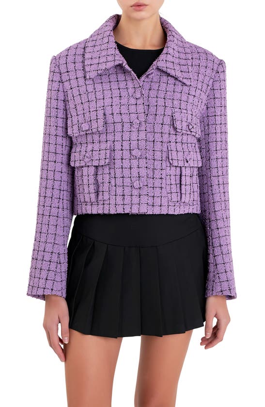 English Factory Windowpane Check Tweed Crop Blazer In Purple