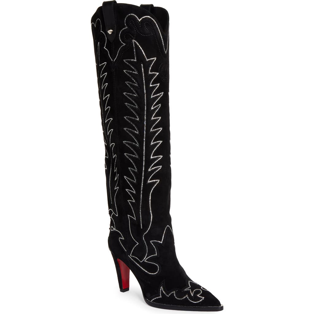 Christian Louboutin Santia Crystal Beaded Knee High Western Boot In Black/bk Luc