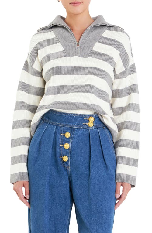 English Factory Stripe Half Zip Crop Sweater In Grey/ Ivory