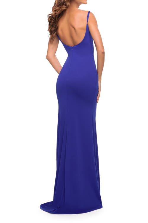 La Femme Simple Elegant Long Jersey Dress With Scoop Neck In Royal Blue